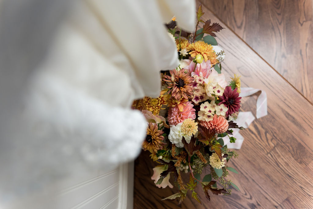 Wedding dress and bouquet