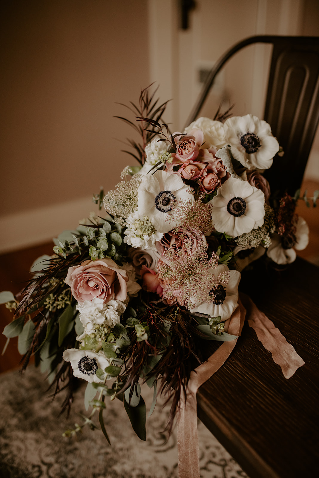 Bouquet resting on chair