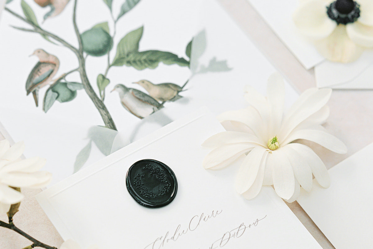 Seattle-Wedding-Florist-Bloom-Poet-Contact-Us-Stationery Stationery with spring flowers flatlay