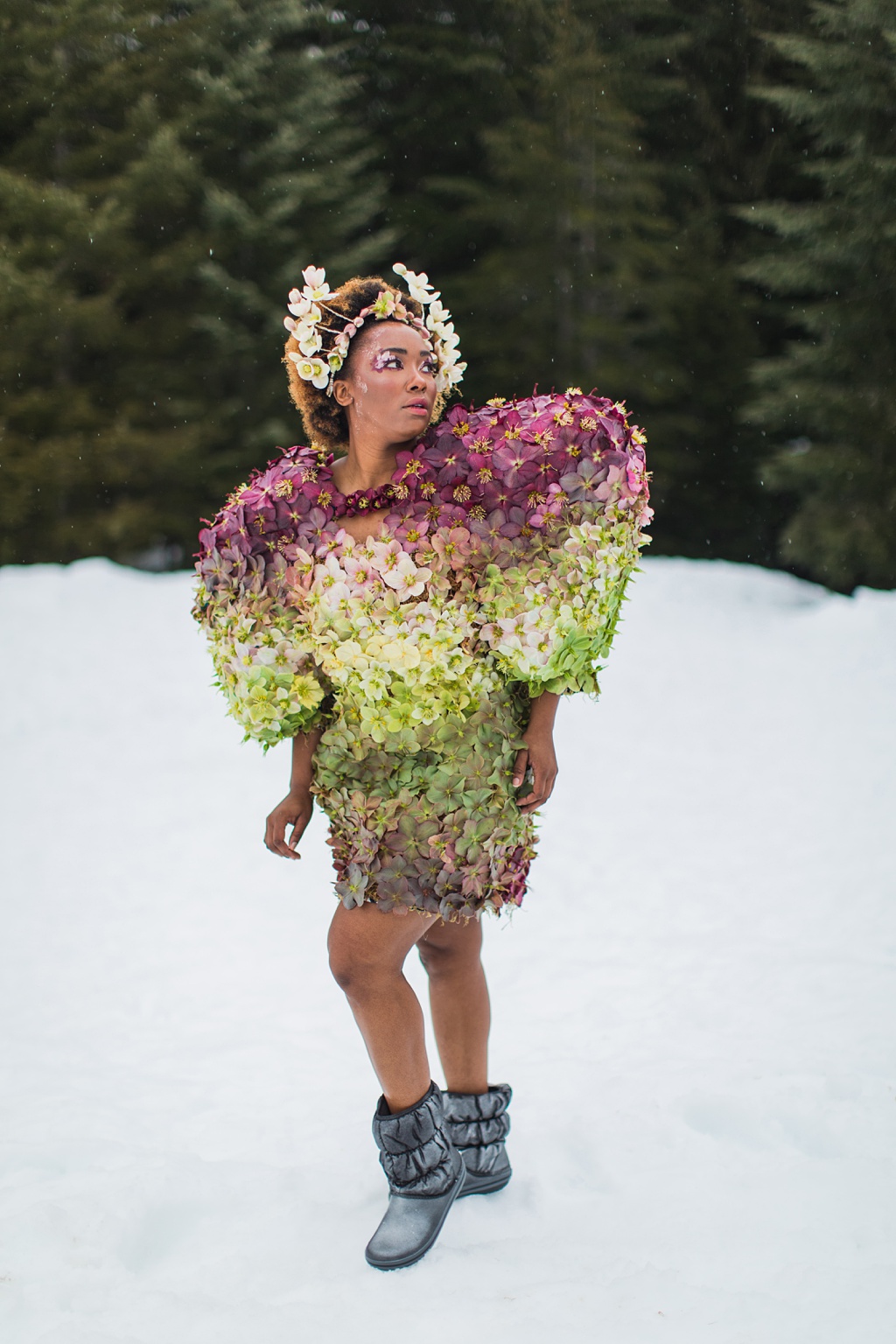 Seattle-Wedding-Florist-Bloom-Poet-Couture-Flower-Dress-American-Flowers-Week-2021-Looking-Outward Our full couture flower dress in the snow