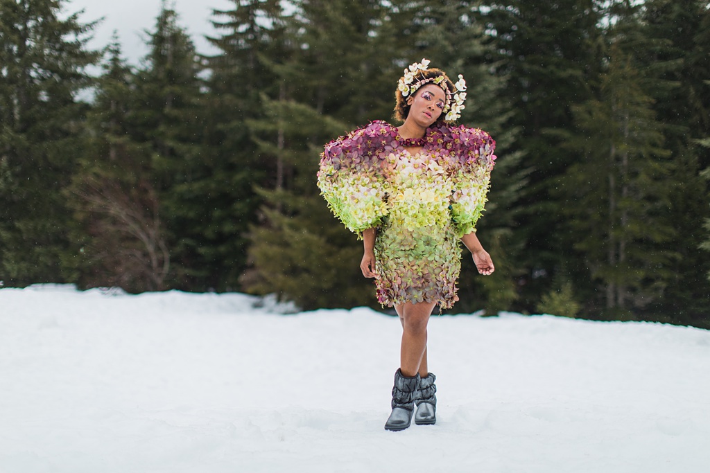 Seattle-Wedding-Florist-Bloom-Poet-Couture-Flower-Dress-American-Flowers-Week-2021-Pose Our model striking a pose in the snow
