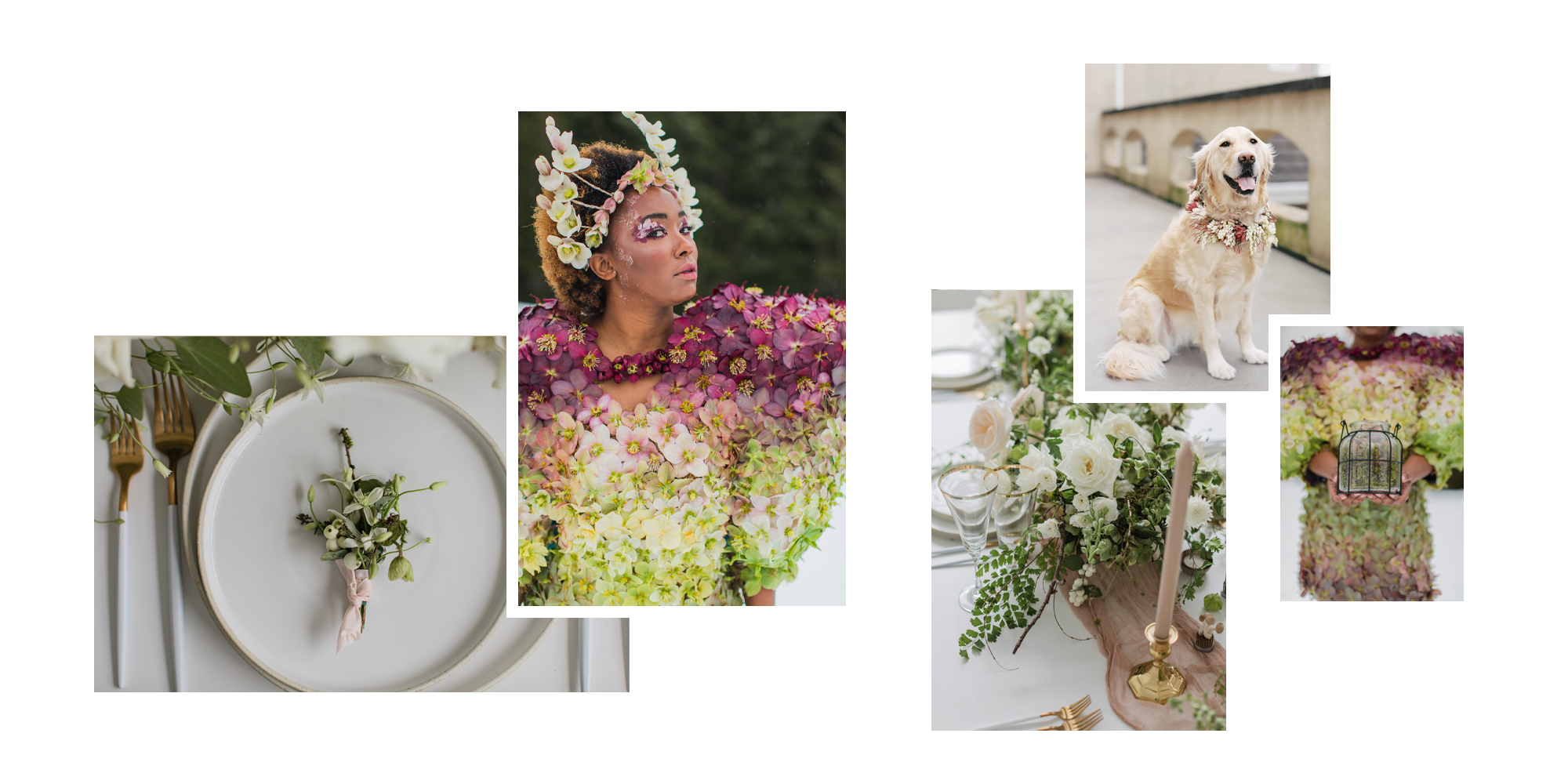 Seattle-Wedding-Florist-Bloom-Poet-Floral-Design-Collage-2 Collage of images of Bloom Poet Floral Design including a flower dress, place setting, flower collar for a dog, and a wedding centerpiece