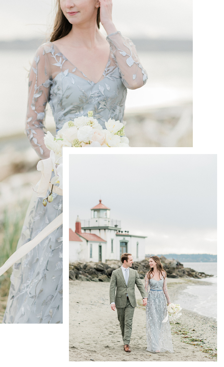 Seattle-Wedding-Florist-Bloom-Poet-Services-Destination-Weddings Destination wedding flowers photo collage with couple walking on beach by a lighthouse