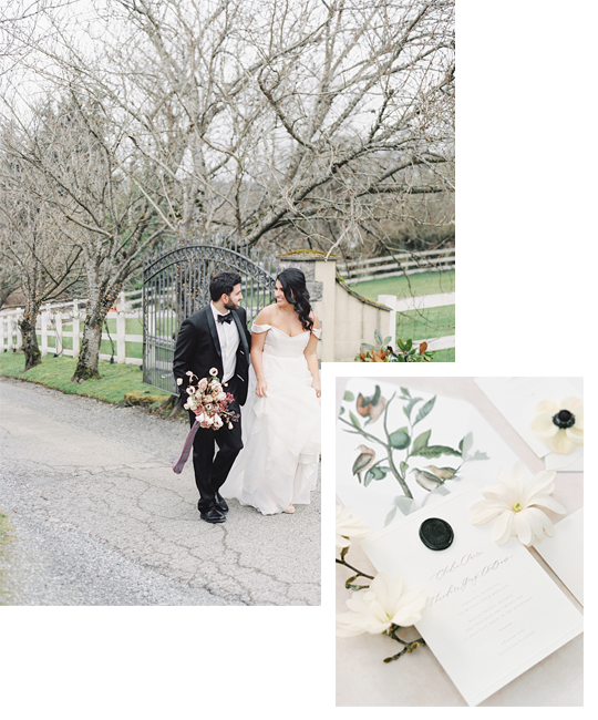 Seattle-Wedding-Florist-Bloom-Poet-Services-Ready-To-Embark A photo collage of floral design from Bloom Poet and stationery flatlay