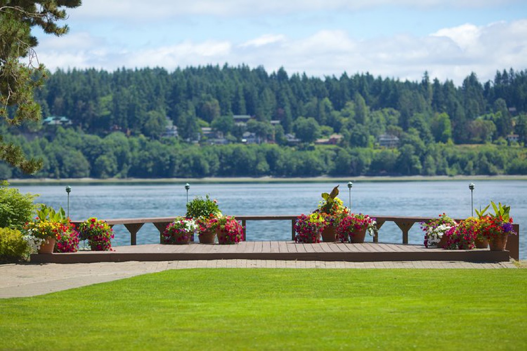 a lawn at Kiana Lodge with a view of the water and the island across the water