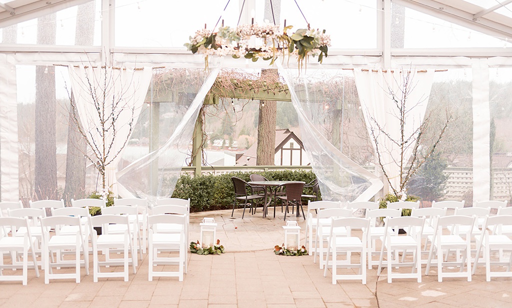 a wedding ceremony set up at the Manor House on Bainbridge Island