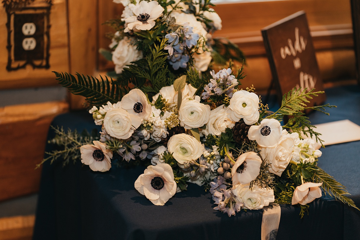 The bouquet resting on a table inside Mountain Springs Lodge