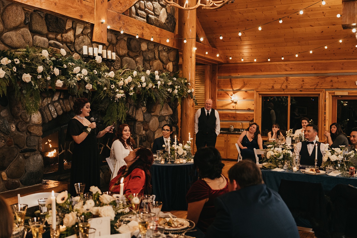 Winter-Destination-Wedding-Mountain-Springs-Lodge-Reception-Setup Wedding reception setup with focal point of the fireplace and mantle for speeches