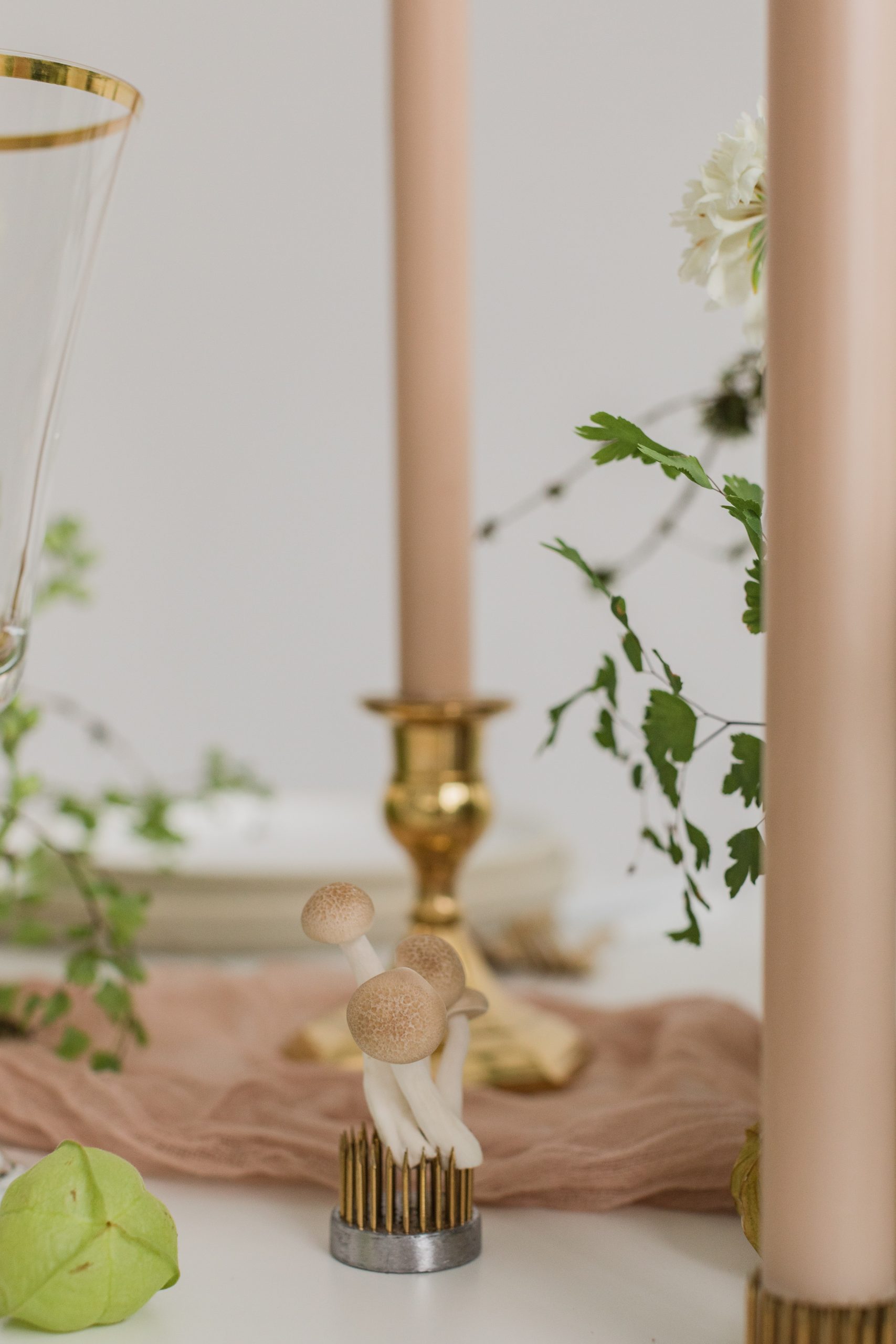 Modern-White-Wedding-Tiny-Mushrooms Tiny mushrooms add to the tablescape for this white wedding
