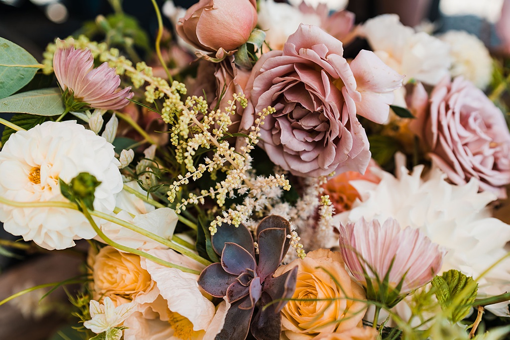 Mountain-Wedding-with-Vibrant-Summer-Blooms-Bouquet-Details Close up details of the bridal bouquet flowers