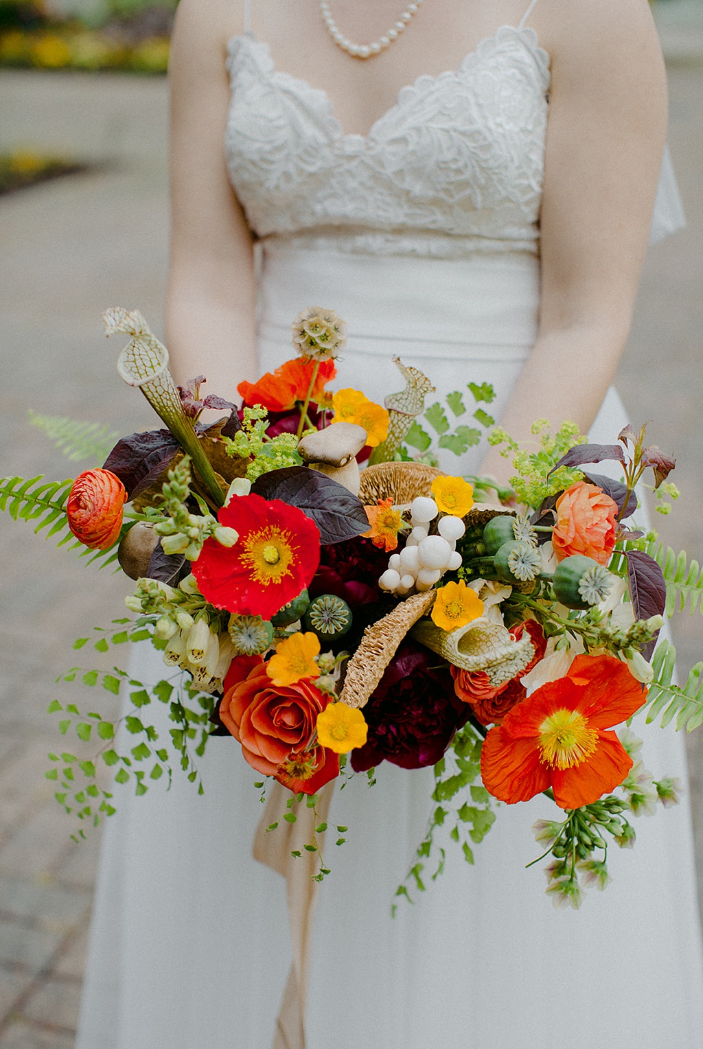 Bloom-Poet-Seattle-Wedding-Florist-Kiana-Lodge-Wedding-Bridal-Bouquet A Kiana Lodge wedding bridal bouquet with bright flowers and mushrooms