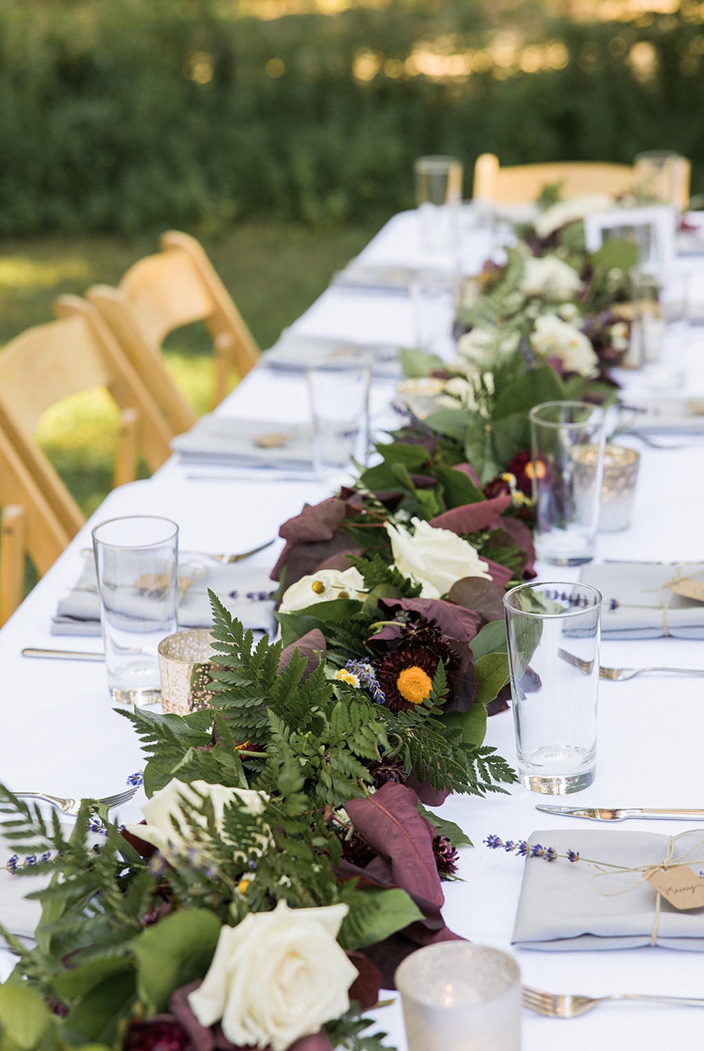 Bloom-Poet-Seattle-Wedding-Florist-Tierra-Retreat-Center-Wedding-Floral-Runner Wedding reception at Tierra Retreat Center with floral runners down long tables