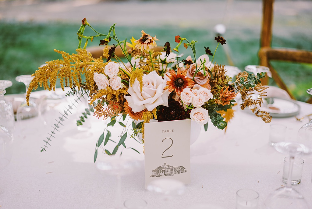 Bloom-Poet-Seattle-Wedding-Florist-Summer-Wedding-Centerpiece.jpg A gorgeous late summer wedding floral centerpiece sits on a white round table