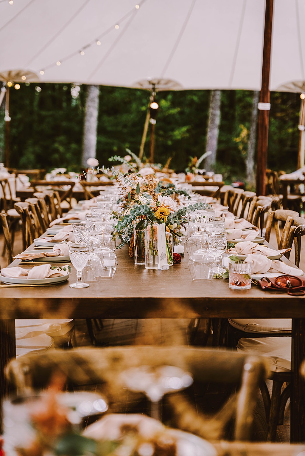 Bloom-Poet-Seattle-Wedding-Florist-Summer-Wedding-Tent-Reception.jpg A summer wedding with a tented reception and long farm tables